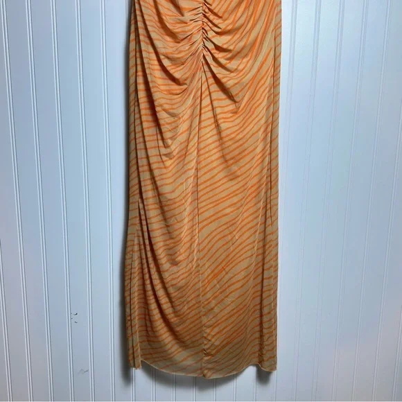 Zara Draped printed orange tulle Elegant Peach Spaghetti Strap Dress XL NWT - Picture 7 of 16
